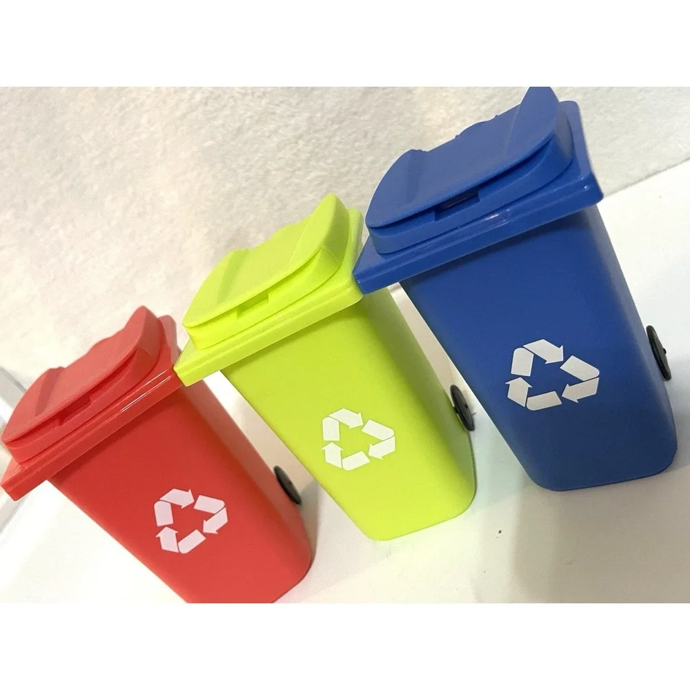 New (3) Desk Decor Pencil Holder Mini Blue Red & Green Recycling Garbage Cans